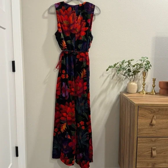 Farm Rio Medium Flower Season Black Wrap Maxi Velvet Dress Wedding Formal Party - Picture 3 of 9